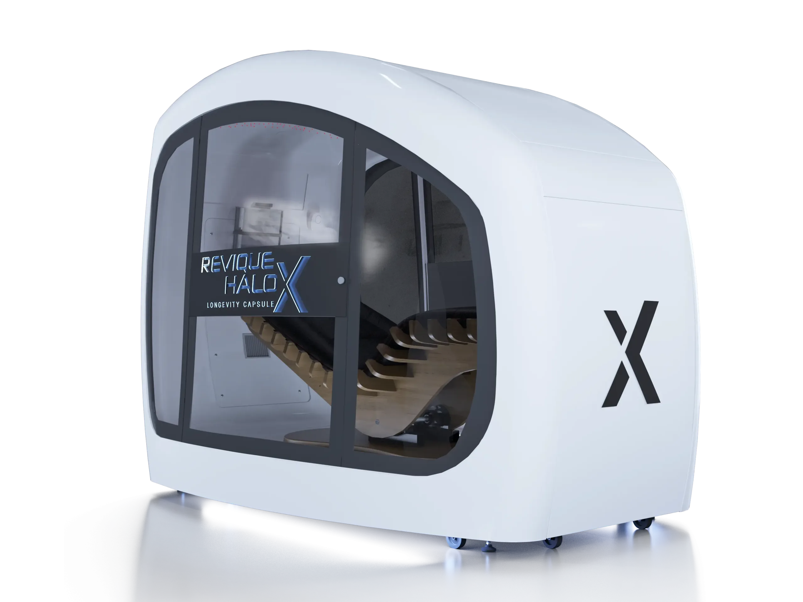 White futuristic capsule pod with a large curved glass doorway revealing an interior seating area, labeled 'REVIQUE HALO X' Longevity Capsule on the door.