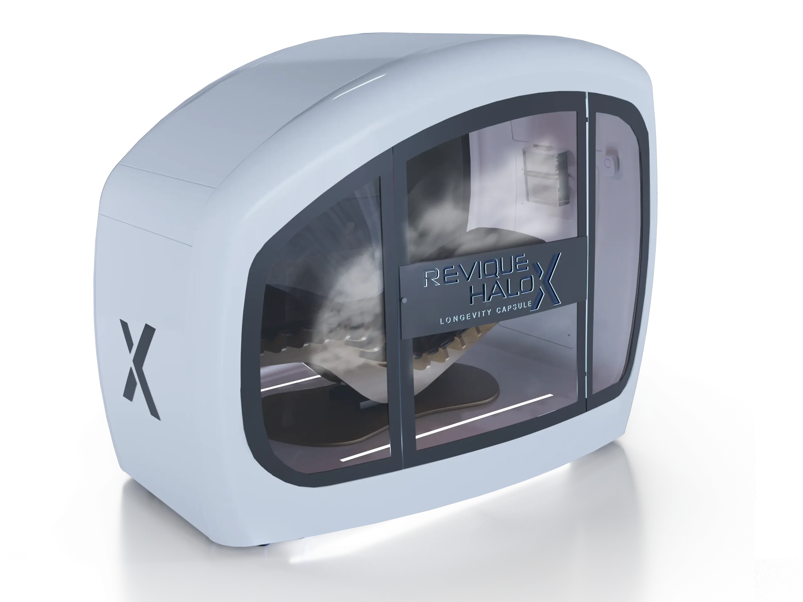 Curved white capsule pod with a glass-front door and a panel labeled 'REVIQUE HALO X Longevity Capsule'.