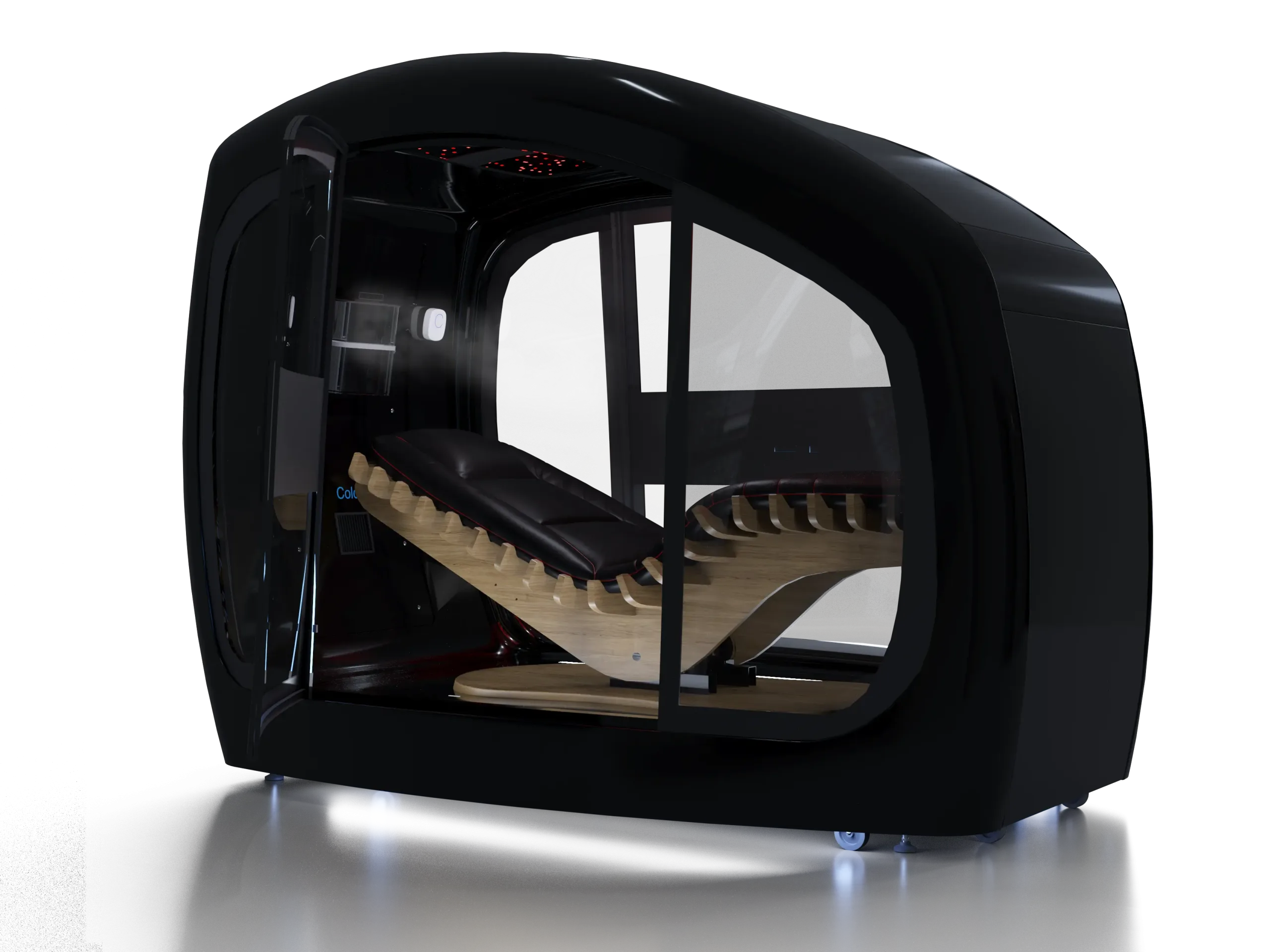 Futuristic black capsule interior with curved glass door, red ambient lights, and reclining seats inside a dark pod on wheels.