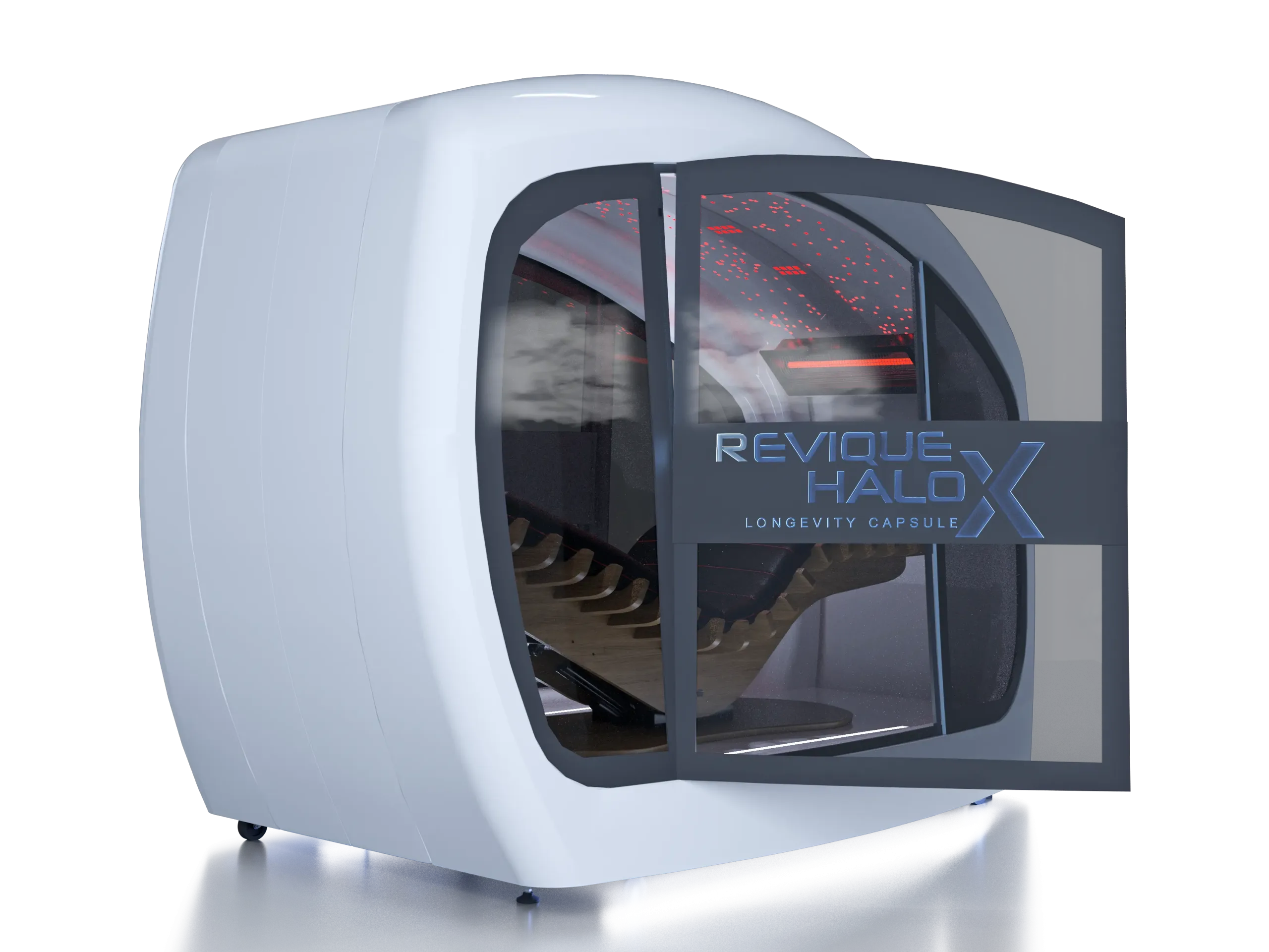 White futuristic capsule pod with a rounded exterior and a glass front, showing an interior with red LED lights and seating; branding reads 'REVUQ E HALO X' (longevity capsule).