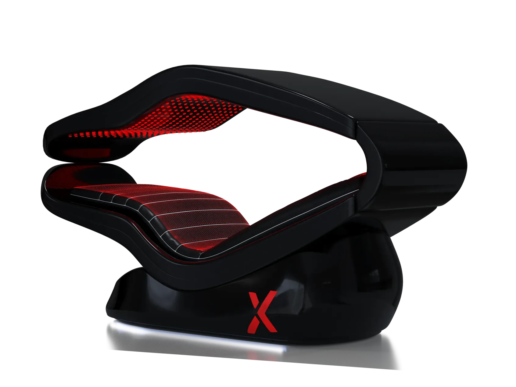 Vedere laterală a unei căști de gaming elegante, negre, cu plasă roșie pe partea inferioară și accente roșii strălucitoare pe un fundal negru