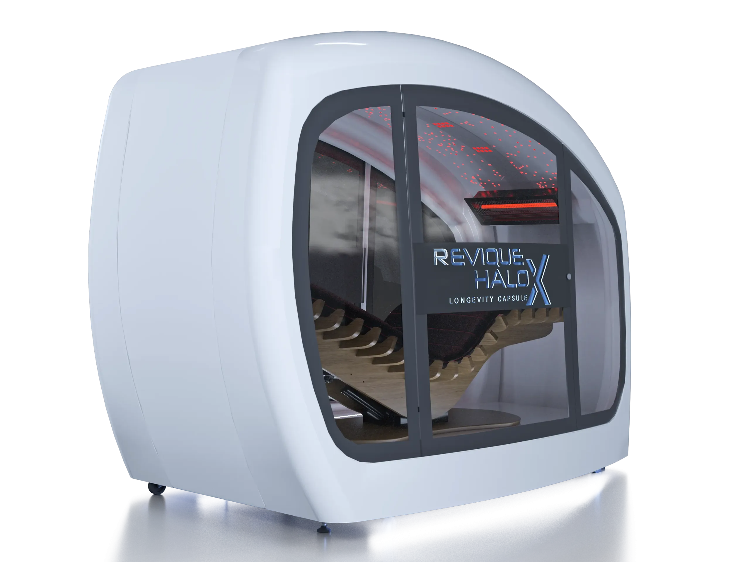 Futuristic white capsule with a glass door, red LED lighting inside, labeled as a longevity capsule image.