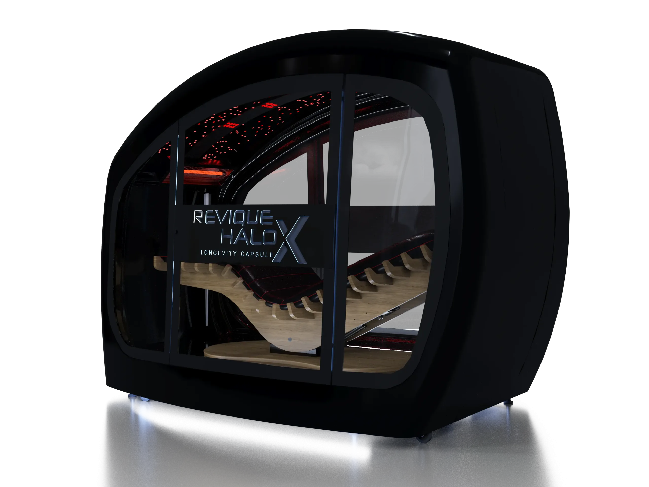 Close-up of a dark circular device with a glass capsule inside and branding reading 'REVOLVE HALO X Longevity Capsule'