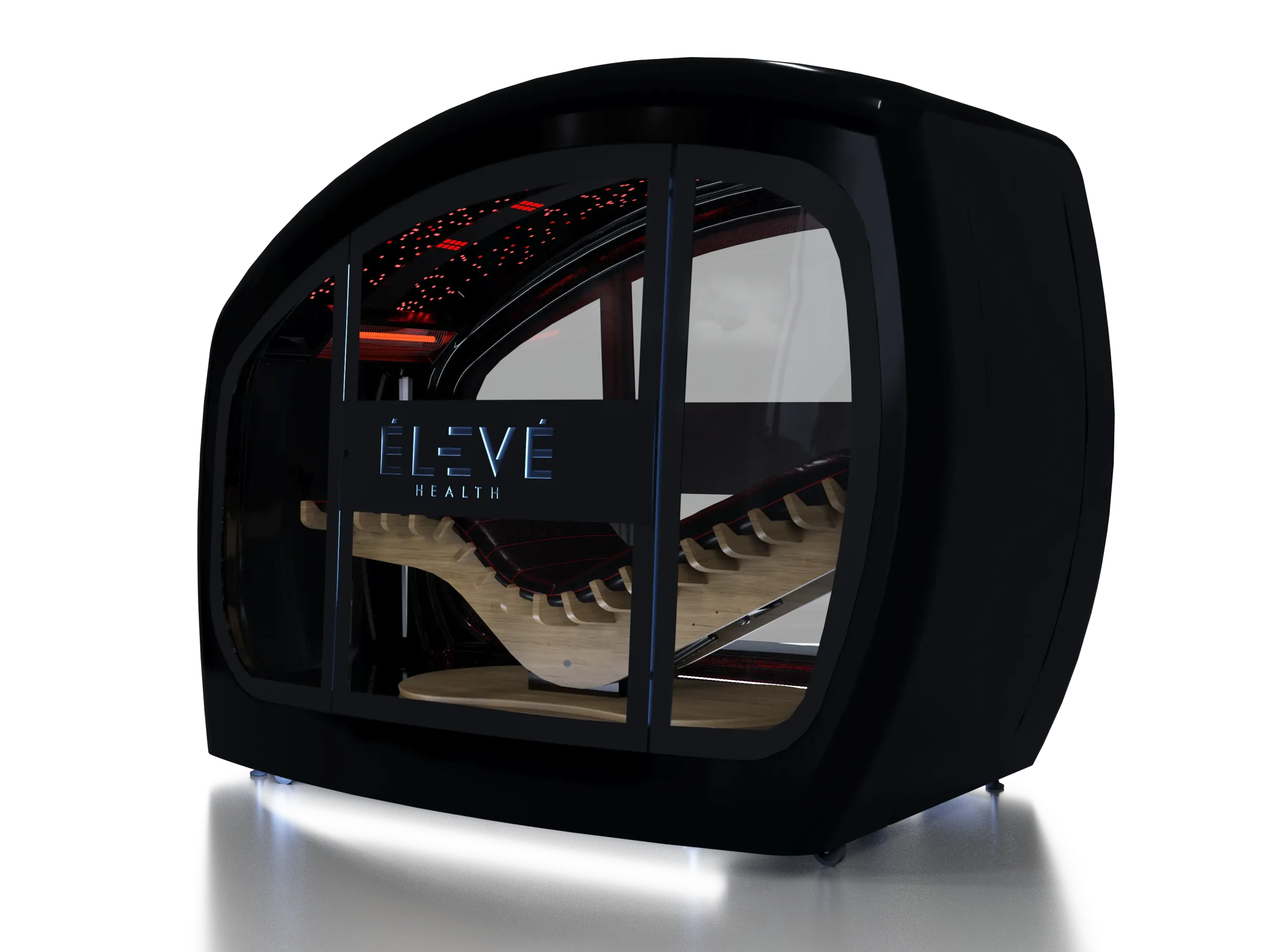 Close-up of a futuristic black wellness pod with a glass window, red LED lighting, and the ÉLEVÉ Health logo on the side.