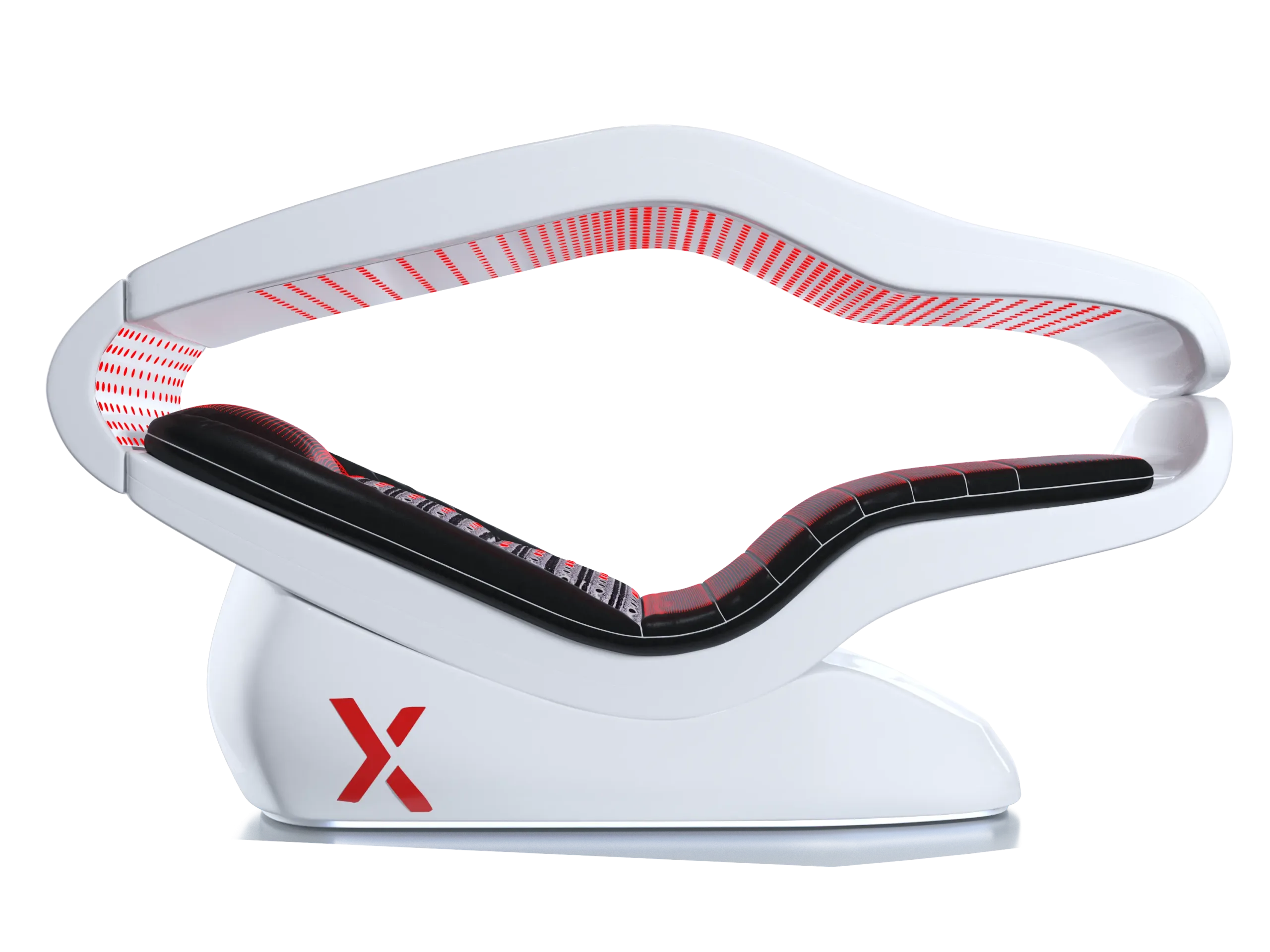 Fones de ouvido circum-aurais brancos com detalhes internos em vermelho e um logotipo X na parte traseira da concha auricular.