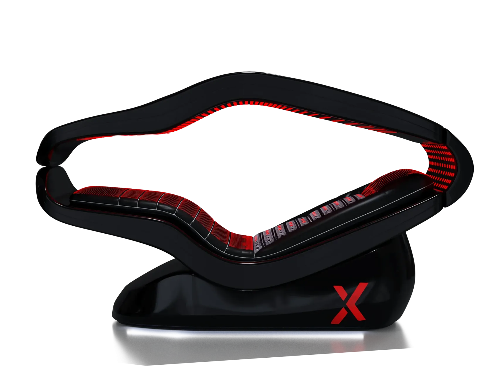 Prim-plan al unei căști de gaming negre cu accente LED roșii și un logo X roșu pe cupă, pe un fundal întunecat.