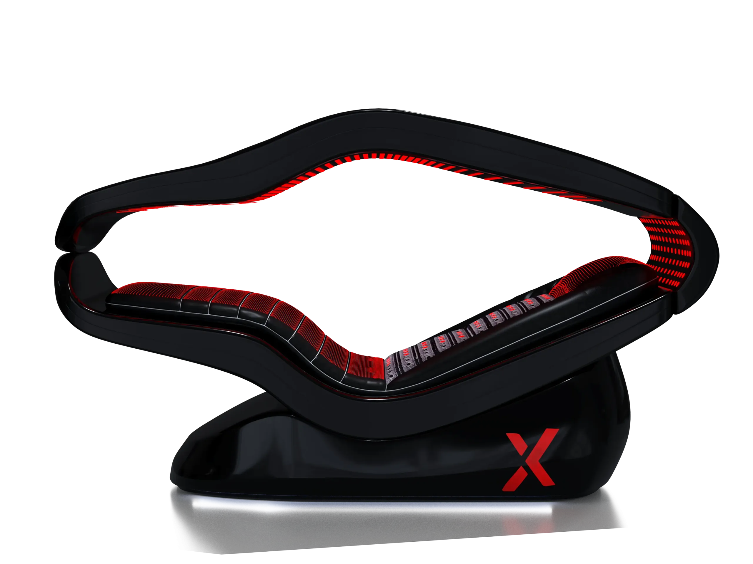 Imagem em close-up de um headset gamer preto com detalhes em LED vermelho e um logotipo X vermelho na concha auricular, contra um fundo escuro.