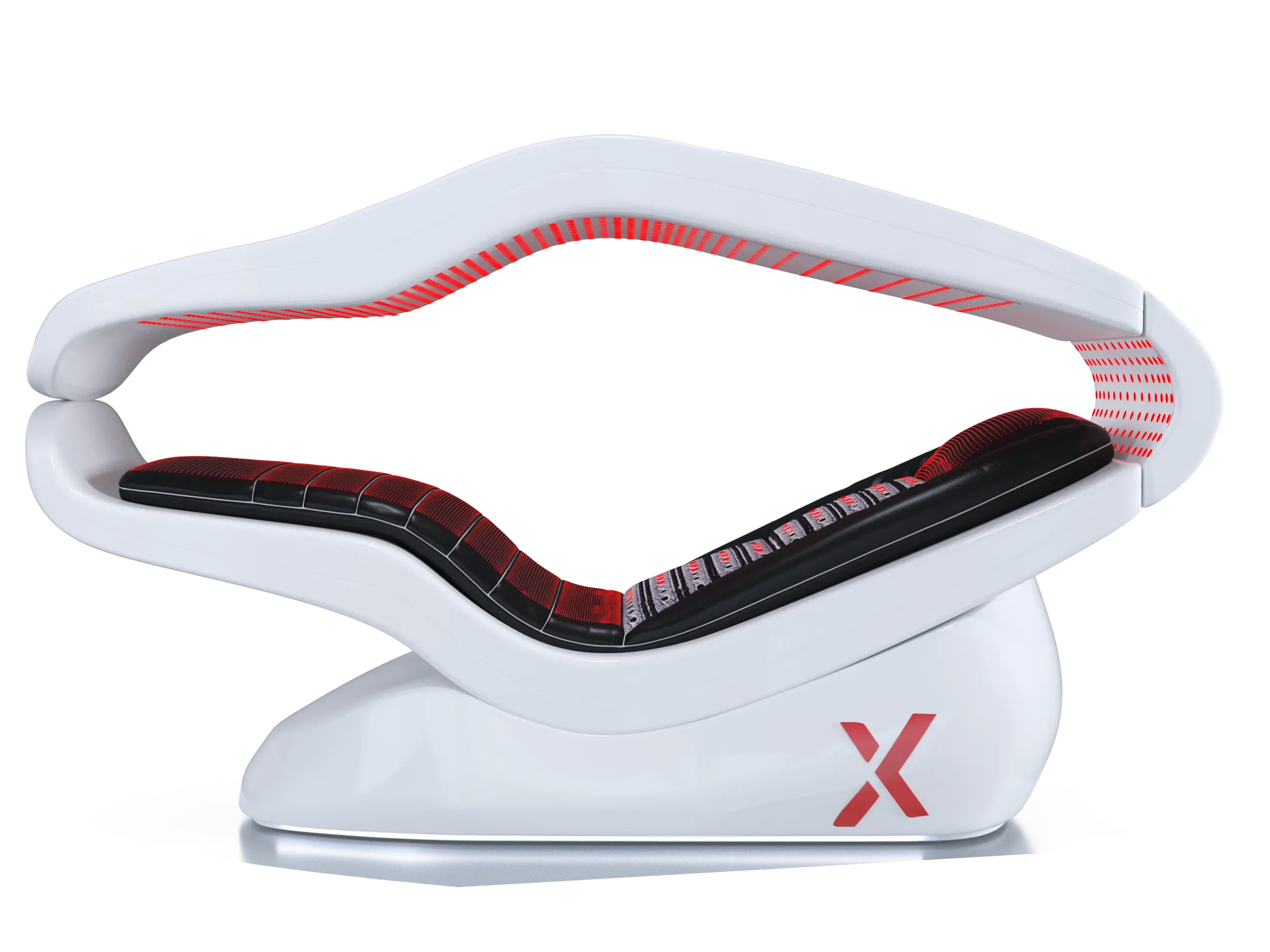 Fone de ouvido circumaural branco com forro interno vermelho e logotipo X na concha auricular, apoiado em uma superfície azul.