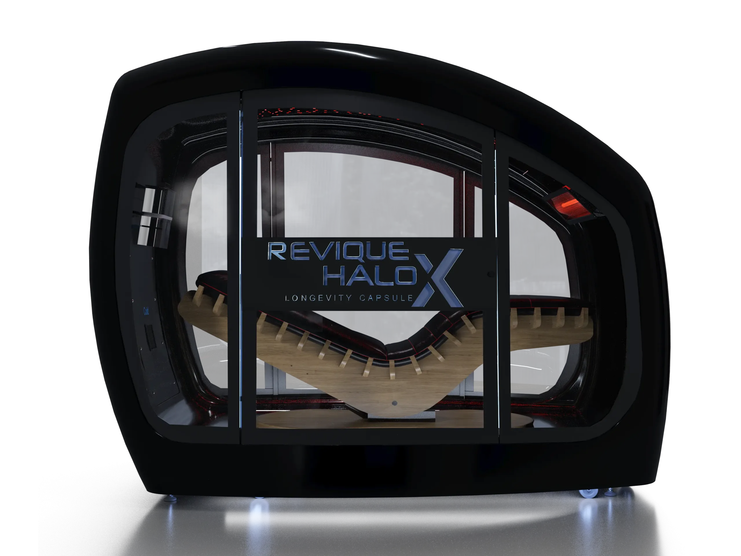 Front view of a black high-tech capsule machine with a glass door, revealing a Longevity Capsule labeled 'REVIQUE HALO X' inside.