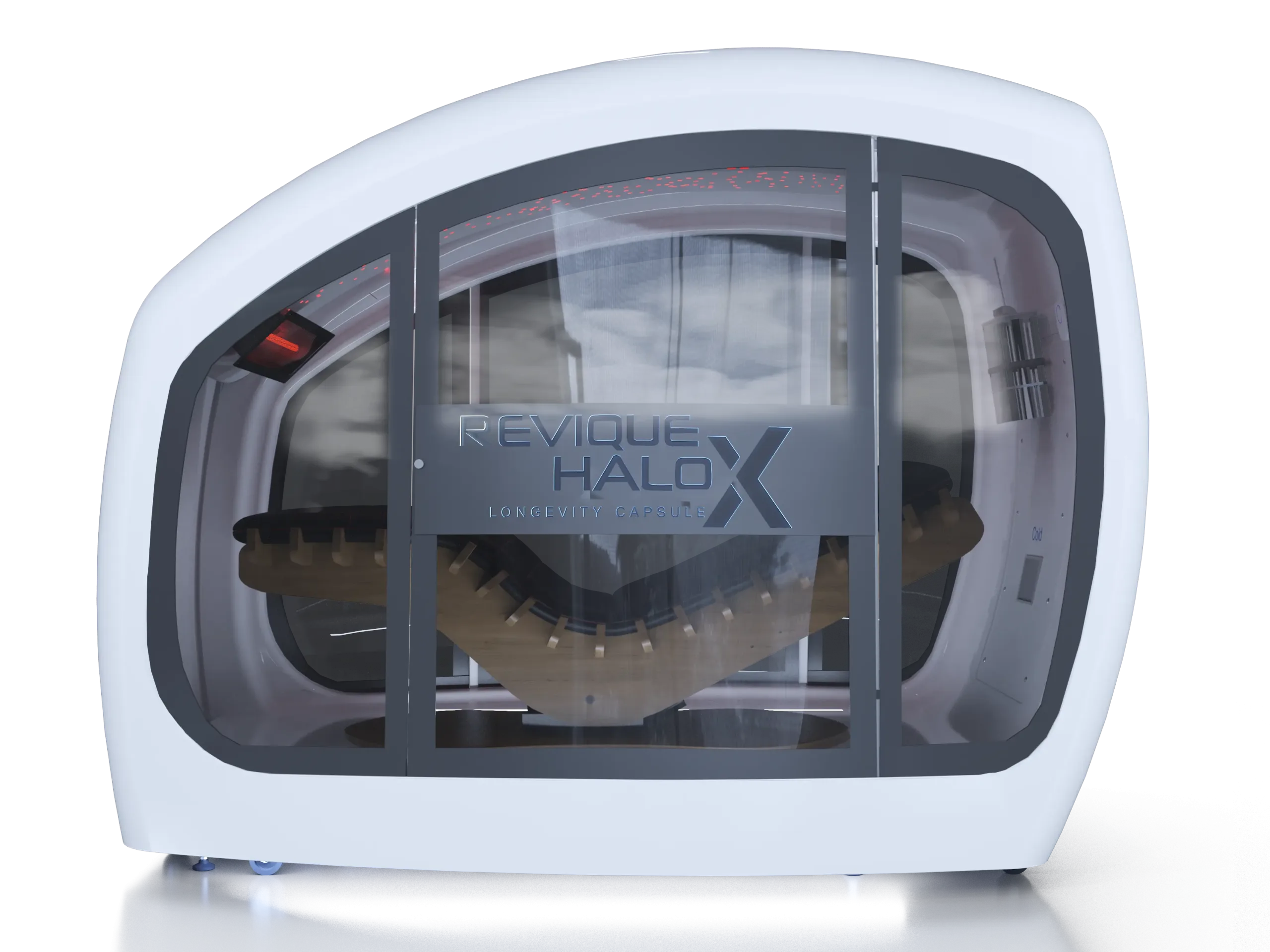 Interior view of a white futuristic capsule/pod with a glass door, revealing a large cylindrical capsule inside and branding 'REVIQUE HALO X LONGEVITY CAPSULE' on a panel.