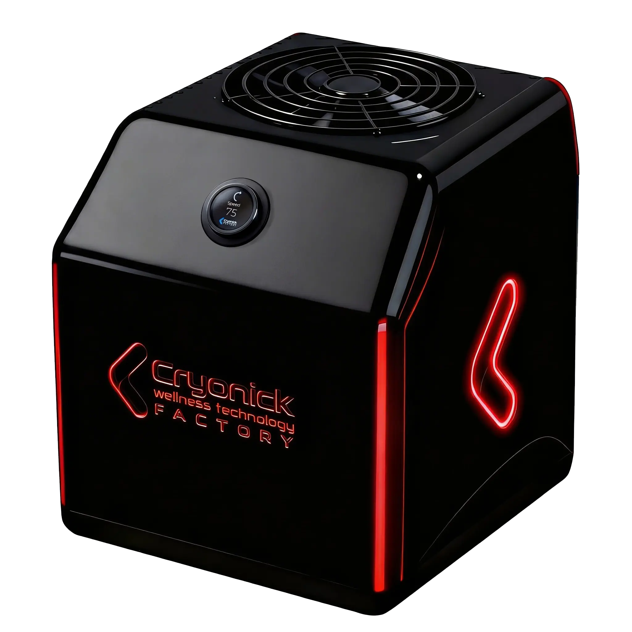 Fonte de alimentação preta para PC com uma grande ventoinha de refrigeração superior e luzes de néon vermelhas nas bordas, mostrada em ângulo para destacar a ventilação e a carcaça.