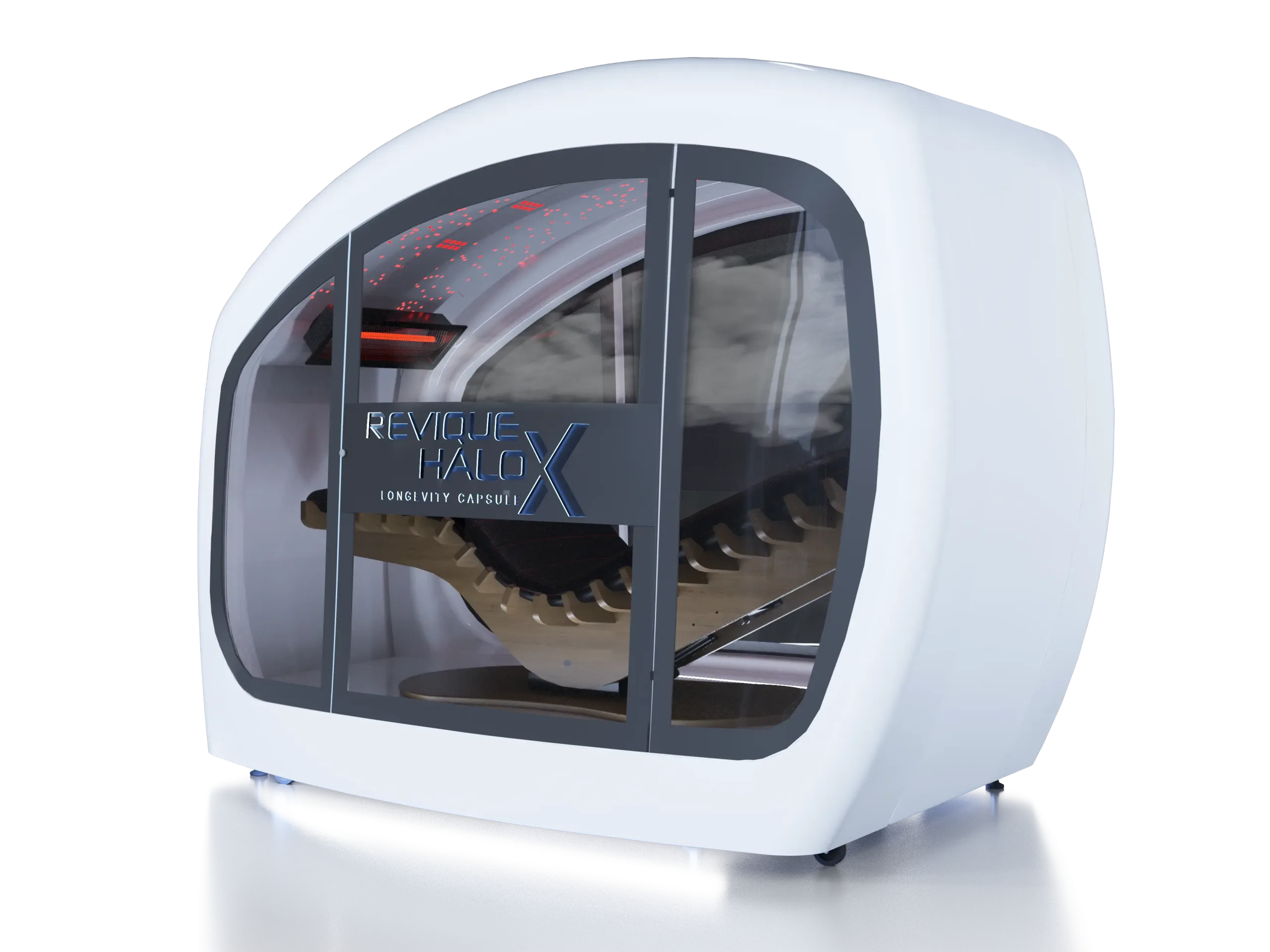White capsule-shaped display with a dark window showing inner mechanism; branding reads 'REVIQUE HALOX' and 'LONGEVITY CAPSULE'.