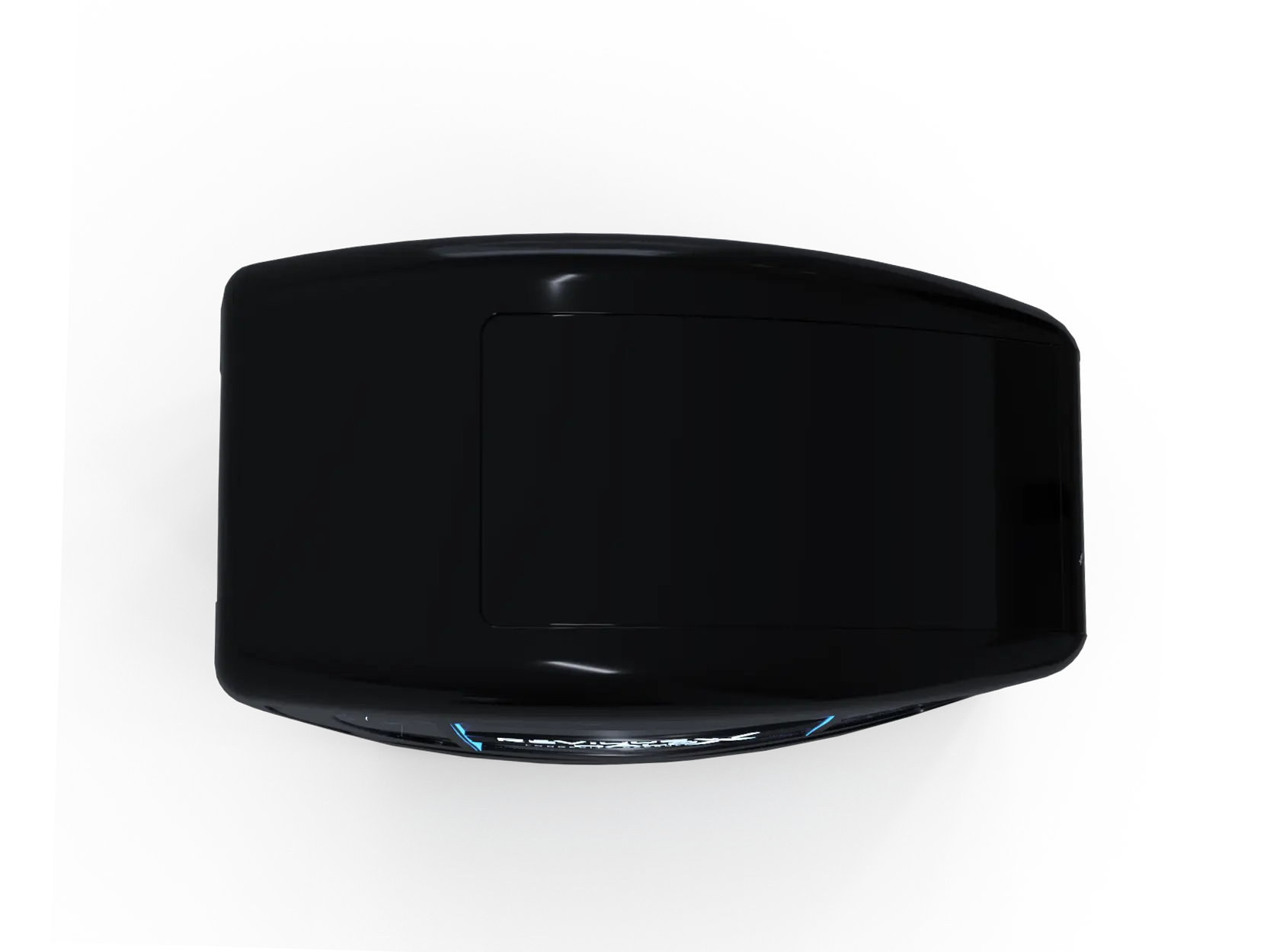Top-down view of a glossy black virtual reality headset with a curved, smooth surface and blue accent lights at the base.