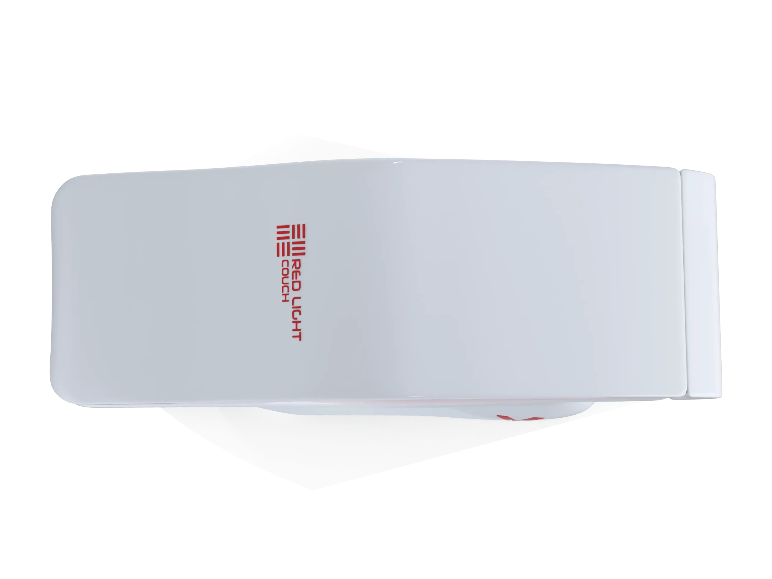 Vista superior de um dispositivo retangular branco com cantos arredondados e uma etiqueta vermelha vertical na lateral, sugerindo a presença de uma marca em uma máquina de grande porte.