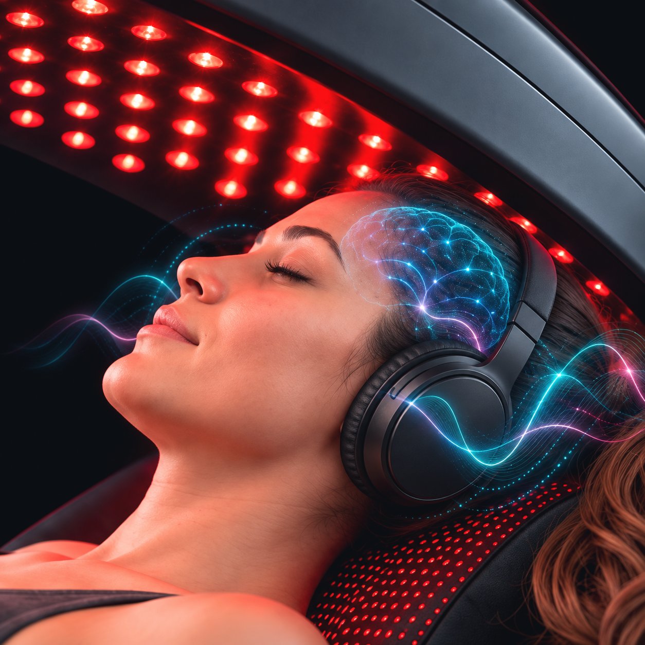 Relaxed woman wearing over-ear headphones under red LED light with a blue neural-brain visualization surrounding her head, suggesting brainwave activity.