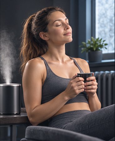Relaxed woman in athletic wear sits with eyes closed, holding a mug as steam rises from a nearby humidifier.