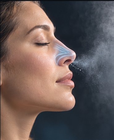 Close-up of a woman's face in profile, nostril releasing a visible mist as she exhales.
