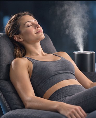 Woman relaxing in a gray workout outfit with eyes closed as a diffuser releases mist nearby.