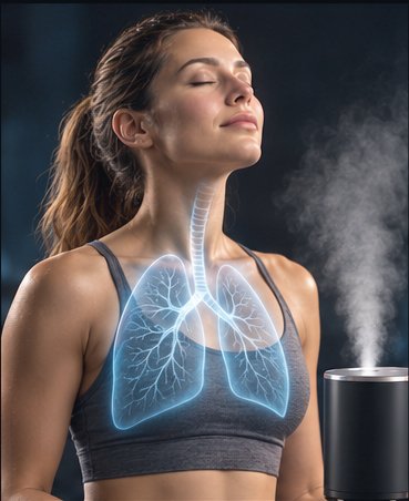 Woman with eyes closed, lungs silhouette over her chest, beside a steaming humidifier, illustrating breathing and respiratory wellness.