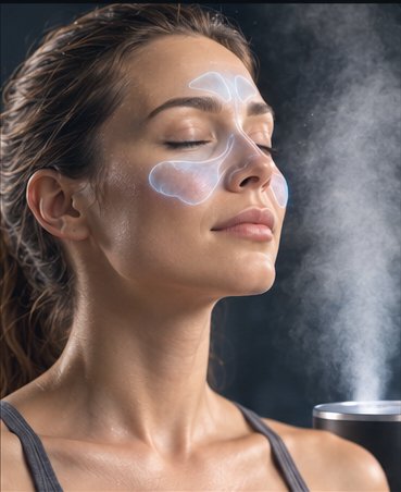 Woman with a translucent facial mask pattern on her cheeks, eyes closed, as steam rises from a humidifier during a spa facial