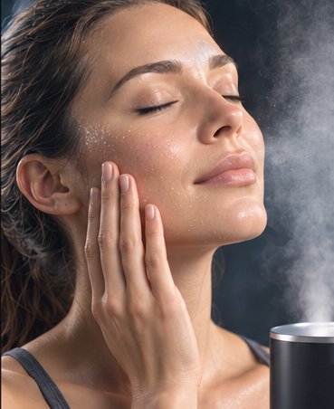 Woman with eyes closed enjoying steam from a facial humidifier during skincare.