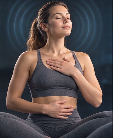 Serene woman in workout wear sits cross-legged, eyes closed, practicing deep breathing with one hand on her chest and the other on her abdomen.