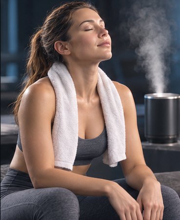 Woman resting after a workout with a towel draped over her shoulders, eyes closed, in a gym setting with a steam diffuser in the background.