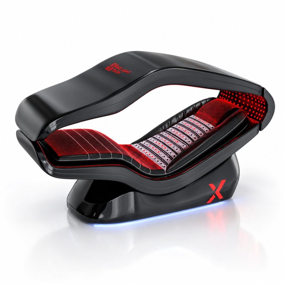 High-tech black leg and foot massager with red LED accents and an X logo on the side of the base.
