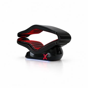Futuristic black curved seating pod with red interior cushions and a blue LED base, shown from the side.