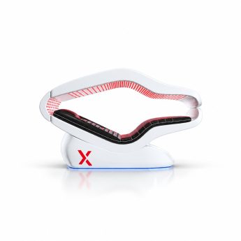 White futuristic curved lounge chair with red and black cushions and a blue base glow, branded with a red X logo on the side