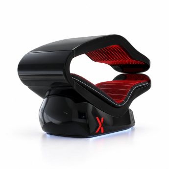 Futuristic black head-mounted device with a glowing red interior mesh and a red X logo on the base.