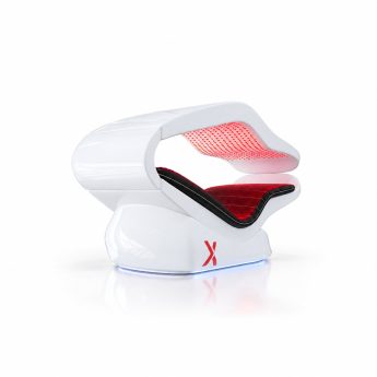 White futuristic pod-style chair with red cushioned seat and perforated backrest, glowing base light beneath
