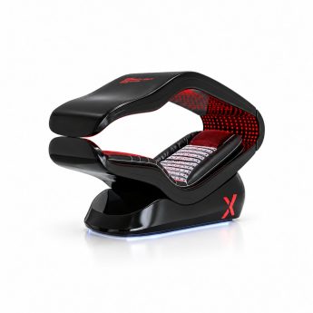 Futuristic black leg massager with red LED accents and X logo, resting on a base.
