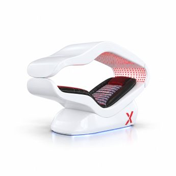 White futuristic massage chair with black-red cushion, blue base glow, open frame.