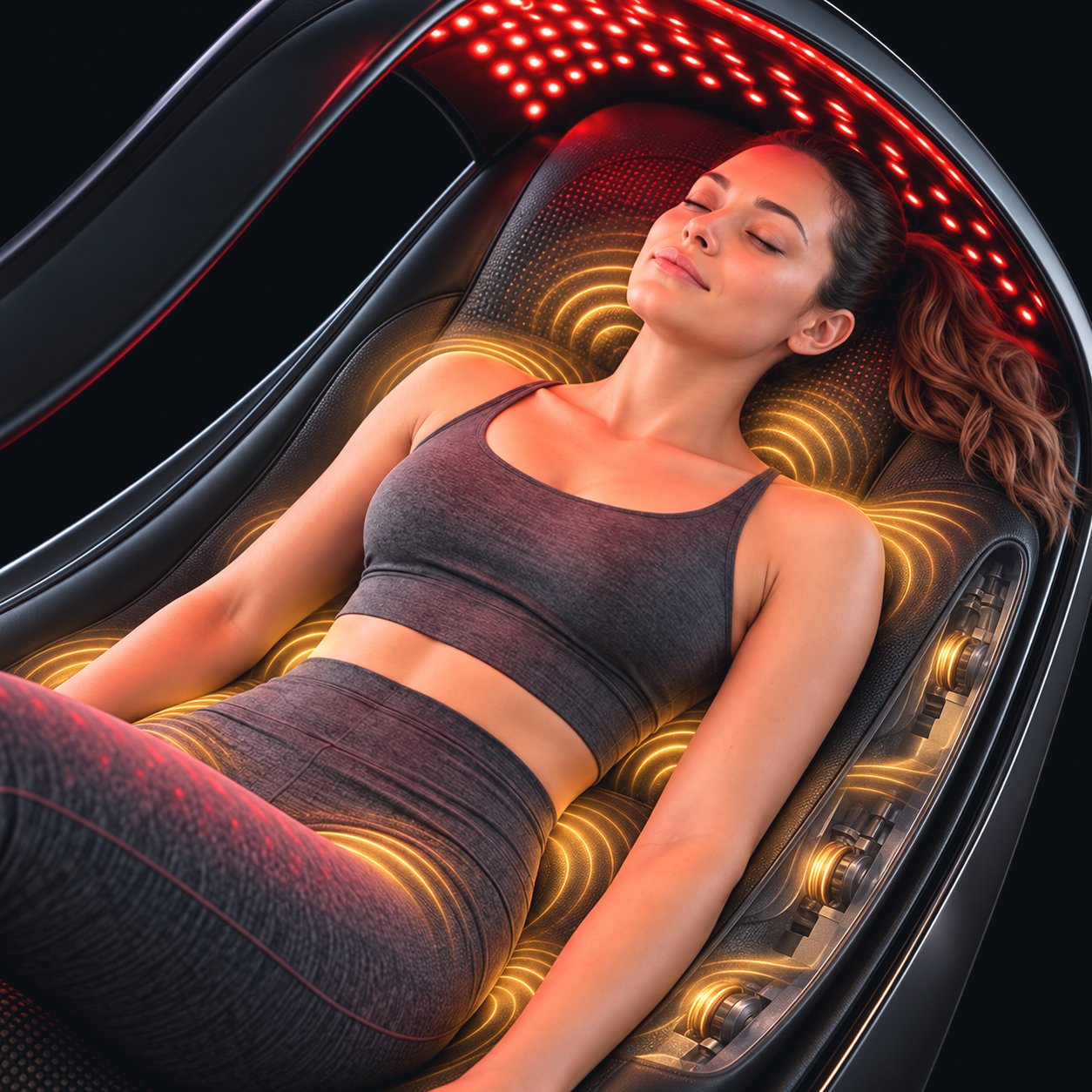 Woman relaxing inside a high-tech massage capsule with red LED lights overhead and golden rollers beneath.