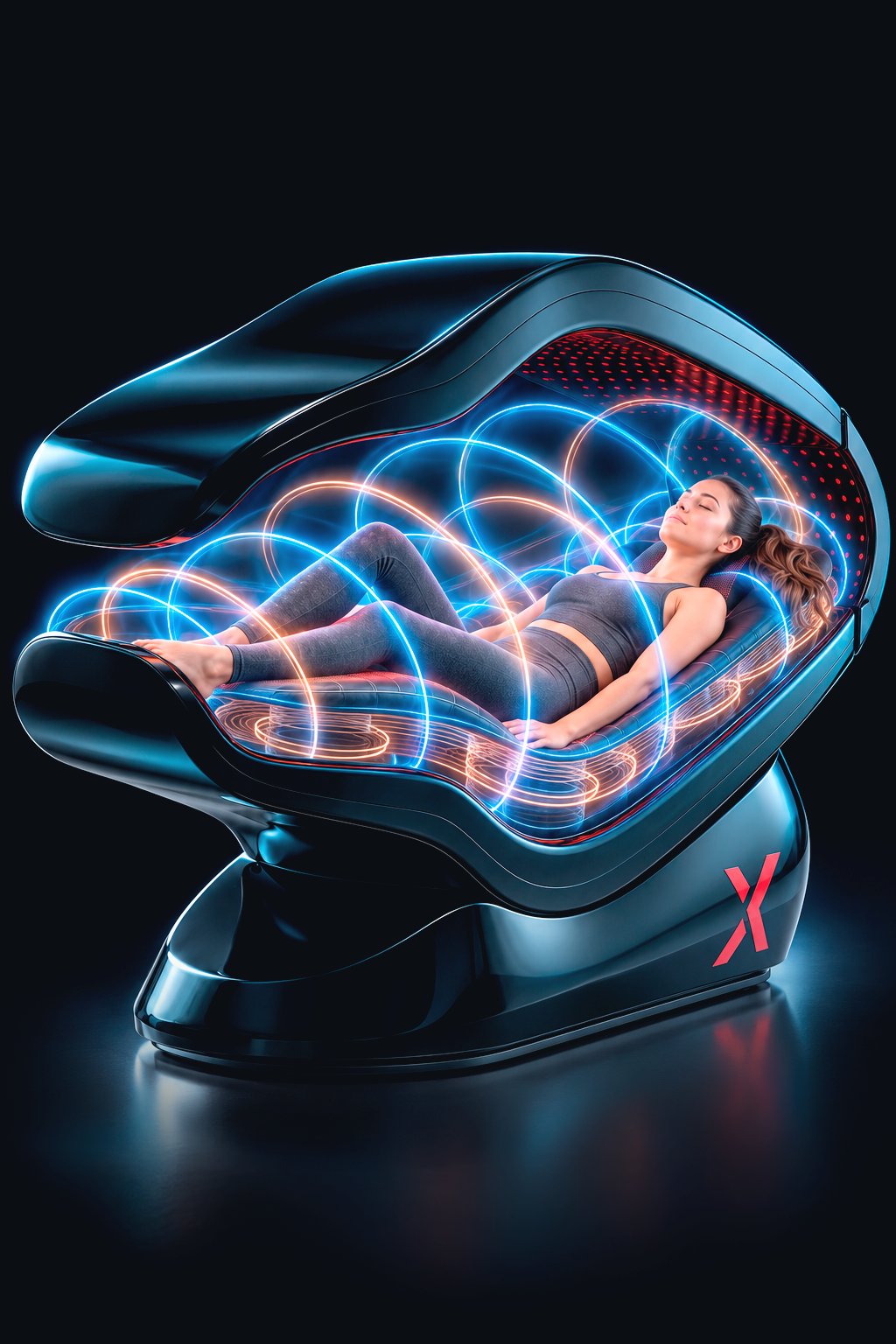 Person reclining inside a futuristic relaxation pod with neon blue and orange energy rings around them.