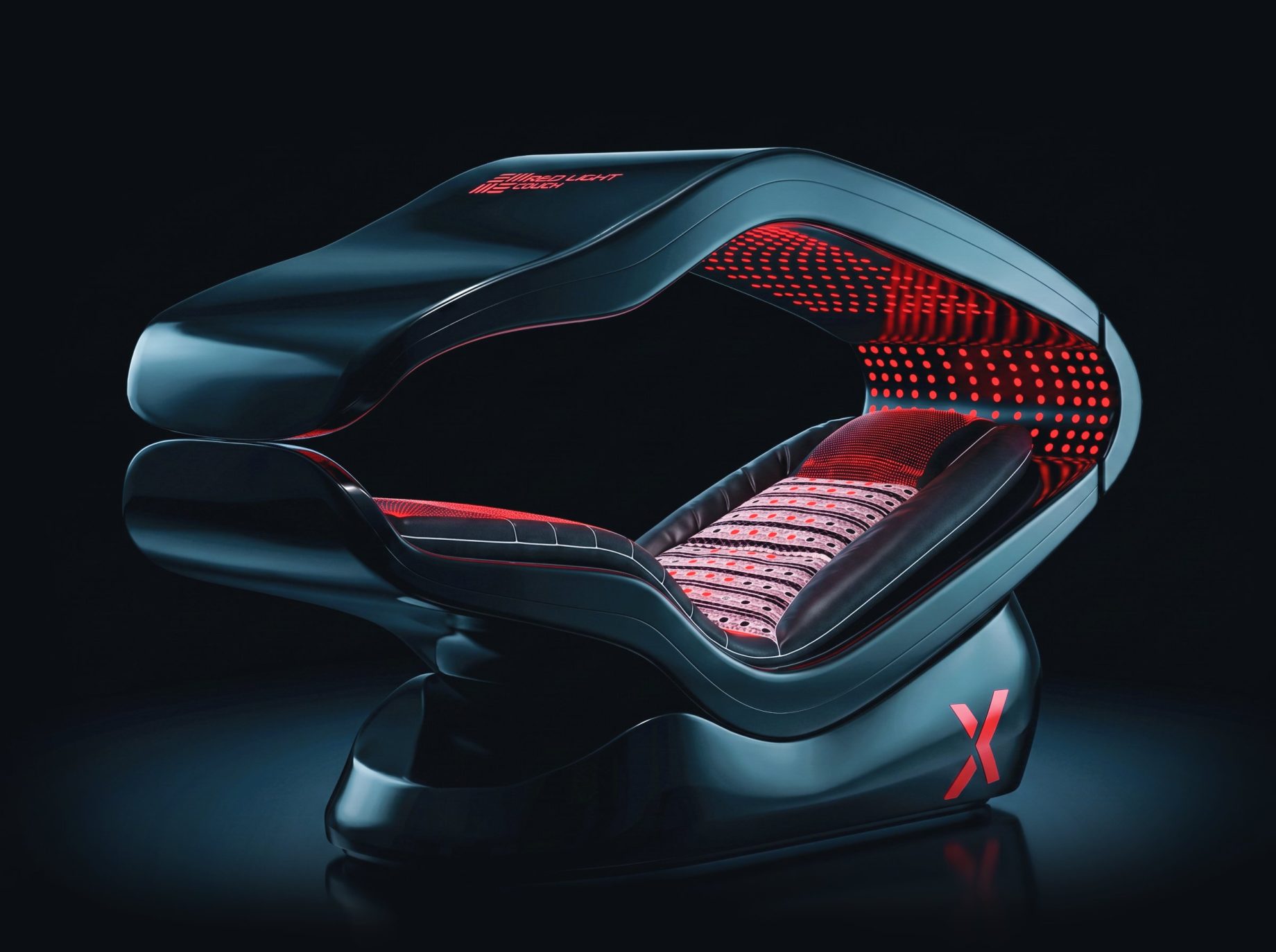 Futuristic massage chair with blue-gray shell and red LED accents, curved ergonomic design against a dark background