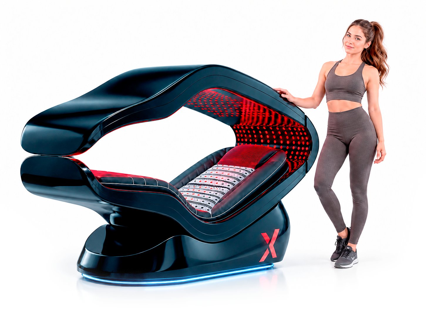 Futuristic black massage chair with red interior lights, shown with a woman in gray workout wear standing beside it.