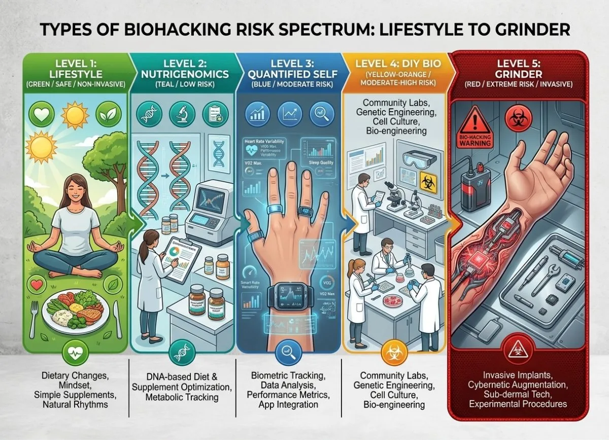 types-of-biohacking-risk-spectrum-lifestyle-to-grinder - VACUACTIVUS cryotherapy chambers and weight loss machines What Is Biohacking? Complete 2026 Guide to Performance Optimization| image_2