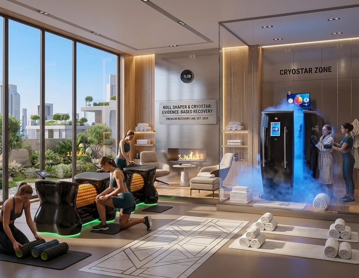 Wellness studio split-room layout: zero-gravity massage chair and pressotherapy compression suit in active use - VACUACTIVUS cryotherapy chambers and weight loss machines Lymphatic Drainage Massage Machine: When Studios Need Both Chair + Pressotherapy| image_1