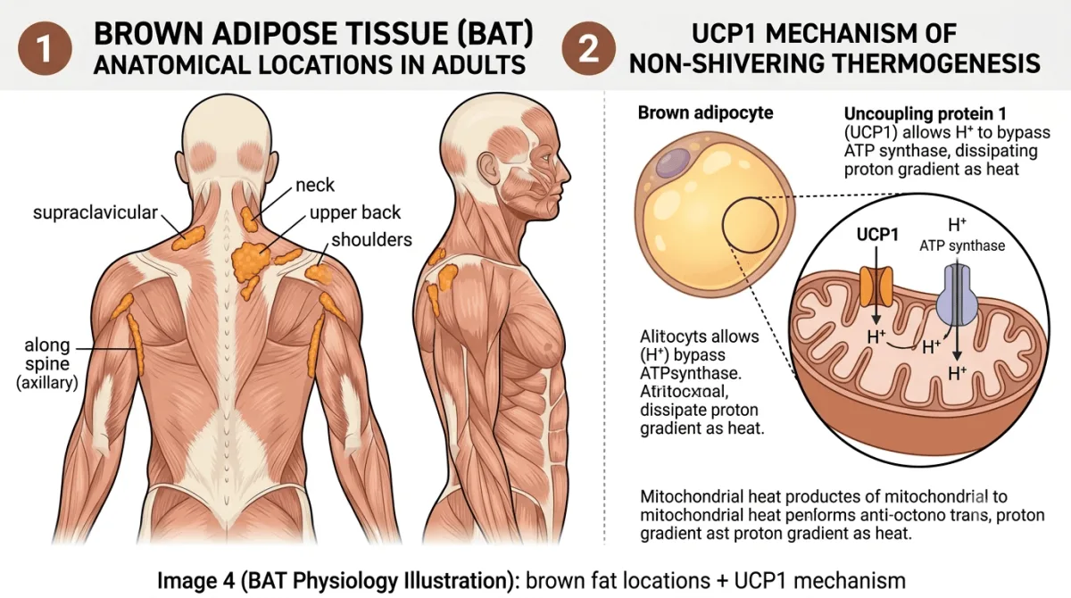 Brown adipose tissue anatomical illustration: BAT locations in adult body (supraclavicular neck, upper back, shoulders, along spine) with UCP1 uncoupling protein mechanism cross-section showing non-shivering thermogenesis and mitochondrial heat production - VACUACTIVUS cryotherapy chambers and weight loss machines Cryotherapy for Weight Loss: How Cold Activates Brown Fat (Honest Look)| image_3