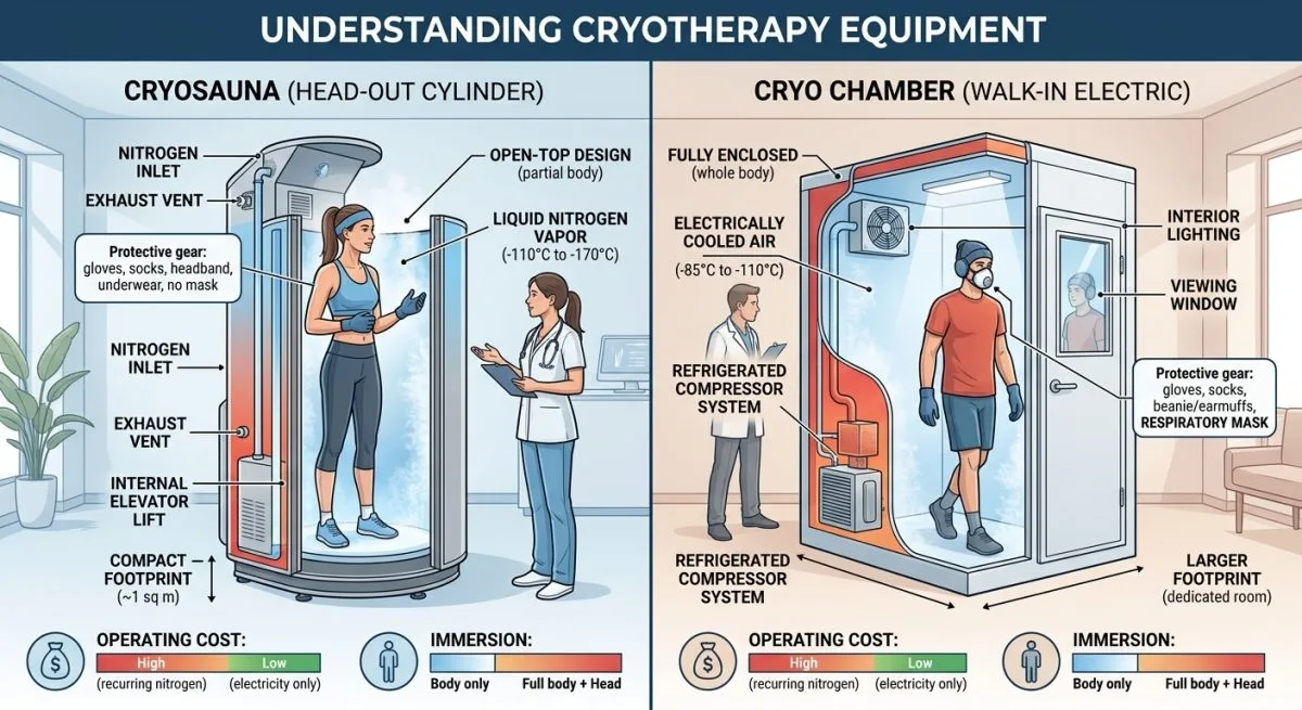 Cryosauna vs cryo chamber side-by-side: head-out cylinder cryosauna (nitrogen -140°C to -170°C) versus walk-in electric chamber (breathable air, -80°C to -110°C, full-body) - VACUACTIVUS cryotherapy chambers and weight loss machines What Is a Cryotherapy Chamber? Anatomy of a Modern Cryosauna| image_2