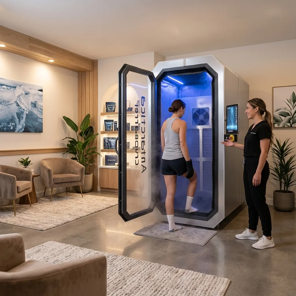 Cryotherapy chamber session first visit: person stepping into cryosauna with head outside in a calm welcoming studio setting - VACUACTIVUS cryotherapy chambers and weight loss machines Cryotherapy Chamber Sessions: What to Expect at Your First Visit| image_1