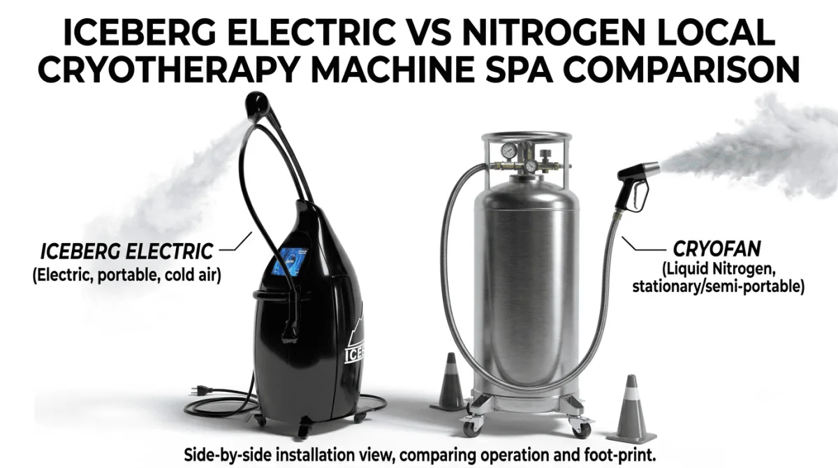 Comparație între aparatul de crioterapie locală Iceberg Electric și aparatul de azot pentru spa: dispozitiv portabil Iceberg Electric cu flux de aer rece în stânga vs. rezervor de azot și configurație Cryofan în dreapta, vedere de instalare alăturată - camere de crioterapie și aparate de slăbit VACUACTIVUS Crioterapie locală Iceberg Electric vs. crioterapie cu azot: alegerea proprietarului de spa | imagine_1