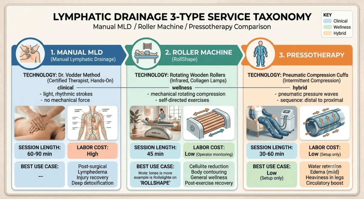 Lymphatic drainage 3-type service taxonomy diagram: Manual MLD by certified Vodder therapist (hands-on, clinical) / Roller Machine RollShape mechanical rotating rollers (wellness aesthetic) / Pressotherapy pneumatic compression cuffs (hybrid middle ground) with session length labor cost and best use case per type - VACUACTIVUS cryotherapy chambers and weight loss machines Lymphatic Drainage Roller Machine: Replacing Manual Therapy in Wellness Centers| image_2
