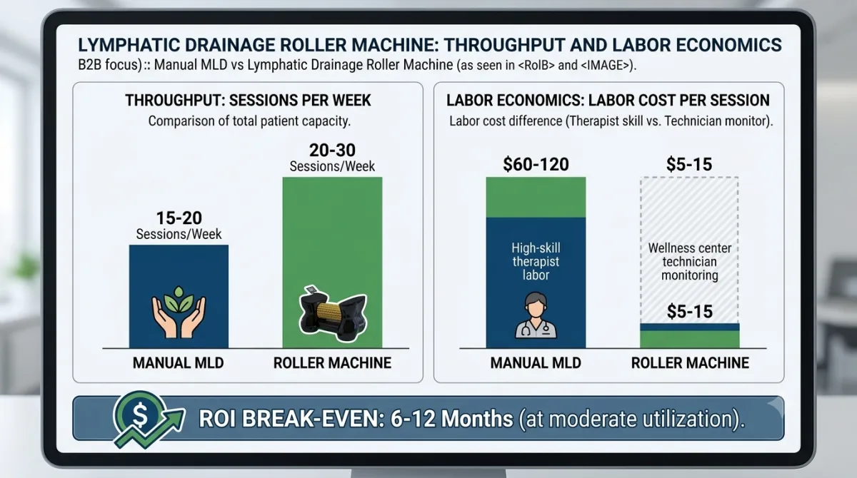 Lymphatic drainage roller machine throughput and labor economics chart: sessions per week 15-20 manual MLD versus 20-30 per roller machine unit, labor cost -120 per session manual versus -15 machine tech-monitor, ROI break-even 6-12 months at moderate utilization - VACUACTIVUS cryotherapy chambers and weight loss machines Lymphatic Drainage Roller Machine: Replacing Manual Therapy in Wellness Centers| image_3