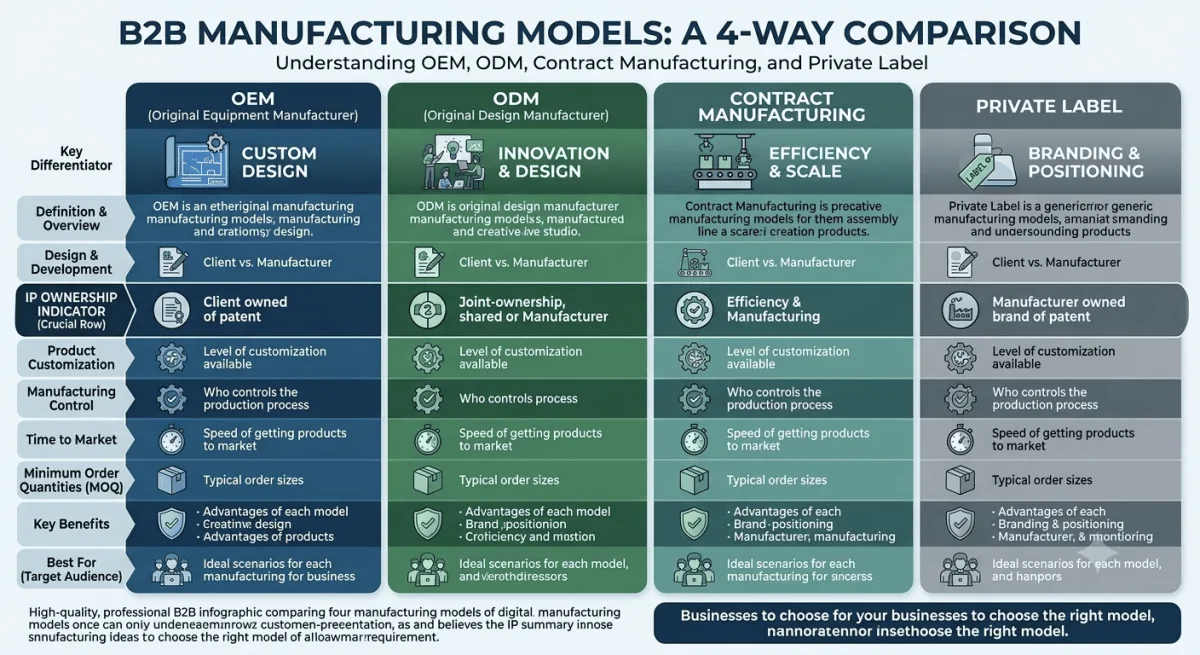 Producător de echipamente originale OEM vs. Producător de design original ODM vs. Fabricație contractuală vs. Marcă privată Infografic comparativ B2B în 4 direcții, cu pictogramă cheie de diferențiere pentru fiecare model de fabricație, inclusiv indicator de proprietate intelectuală - camere de crioterapie și aparate de slăbit VACUACTIVUS OEM (Producător de echipamente originale): Ce ar trebui să știe brandurile B2B | imagine_1