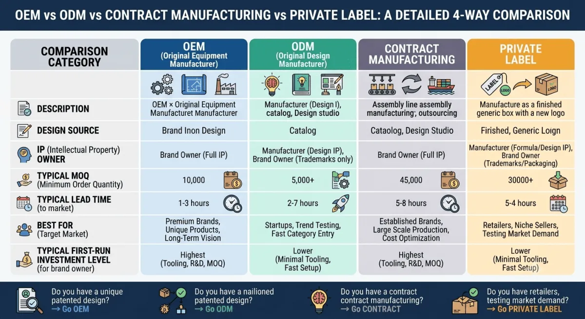 OEM vs ODM vs. Fabricație pe bază de contract vs. Marcă privată, tabel comparativ detaliat B2B în 4 direcții, cu rânduri pentru Sursa designului, Proprietarul IP, MOQ tipic, Timp de livrare, Cel mai bun pentru piața țintă și Nivelul tipic de investiție pentru prima rulare pentru proprietarii de mărci - camere de crioterapie și aparate de slăbit VACUACTIVUS OEM (Producător de echipamente originale): Ce ar trebui să știe brandurile B2B | imagine_3
