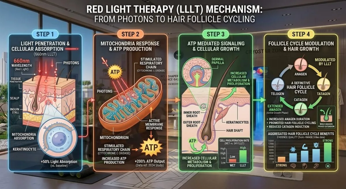 Mechanism diagram: 630-670nm red light penetrates scalp, absorbed by mitochondria (cytochrome c oxidase), boosts ATP, moves follicle from telogen to anagen phase - VACUACTIVUS cryotherapy chambers and weight loss machines Red Light Therapy for Hair Growth: Mechanism, Evidence, Equipment| image_2
