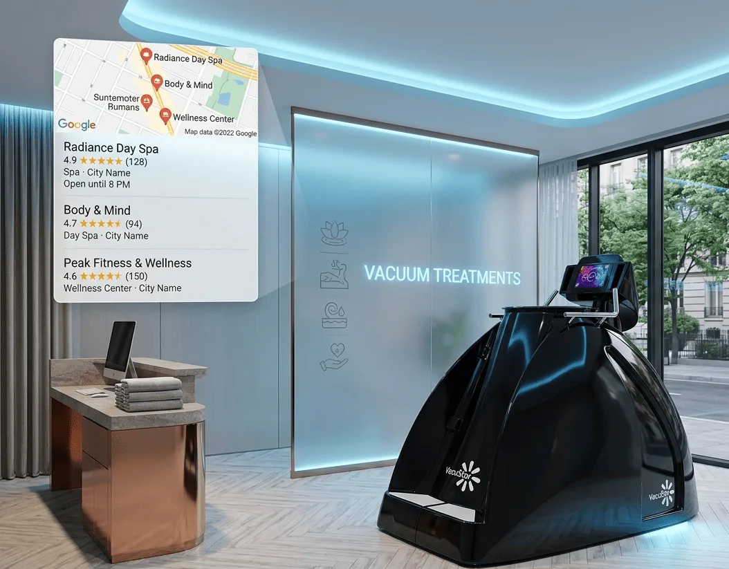Clasament Google Local Pack pentru banda de alergare cu vid în apropierea spa-ului: Banda de alergare cu vid VacuStar într-un cadru spa modern, cu suprapunere de machetă a rezultatelor căutării Google Local Pack care arată poziția #1 a spa-ului pentru interogarea "bandă de alergare cu infraroșu în apropiere” - camere de crioterapie și aparate de slăbit VACUACTIVUS Banda de alergare cu vid în apropiere: Cum captează proprietarii de spa-uri căutarea locală | imagine_1